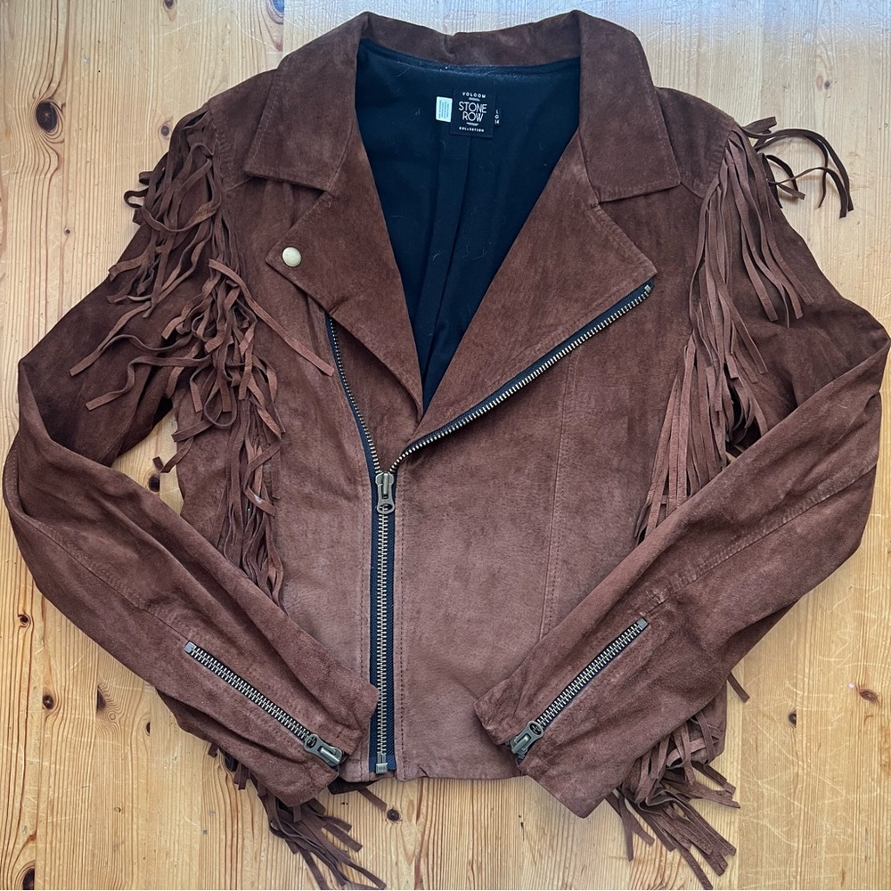 Volcom Brown Leather Fringe Jacket